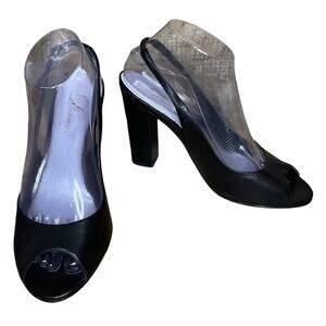 Delman Slingback Peep Toe Block Heels Shoes Black Leather Size 8